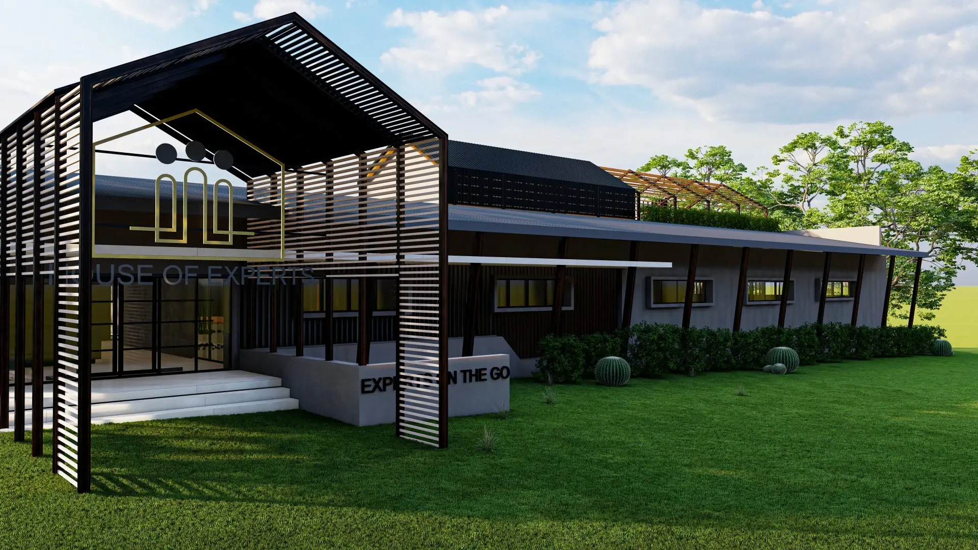 House of Experts headquarters building with slatted timber entrance canopy and landscaped lawn